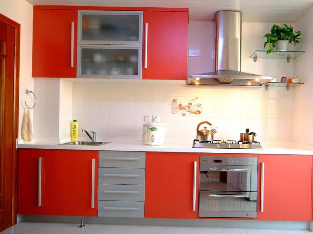 Red + Gray tone kitchen cabinets 