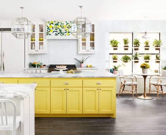 Yellow + White two tone kitchen cabinets 