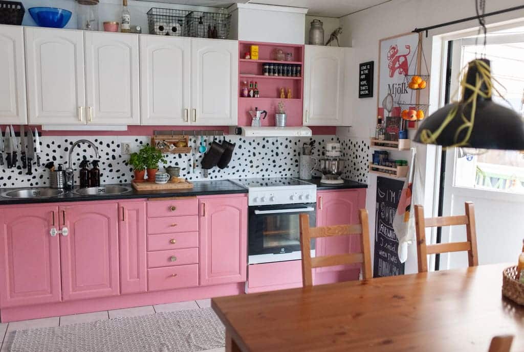 Pink + White kitchen cabinets 