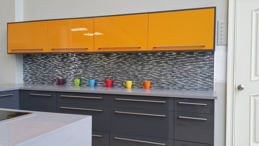Orange + Gray kitchen cabinets 