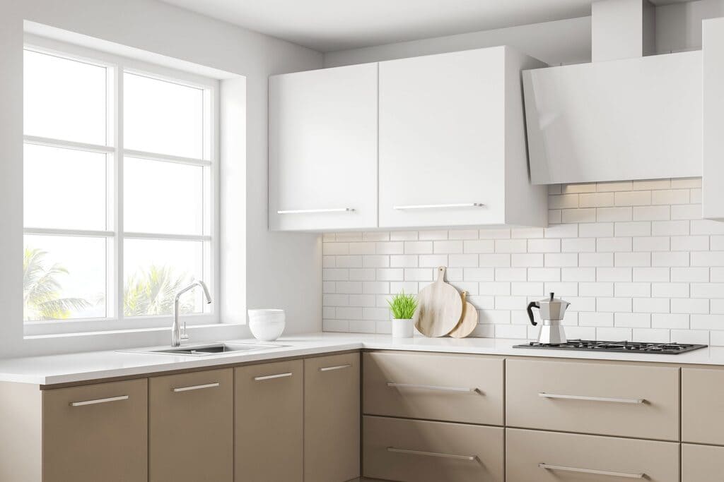 Beige + White kitchen cabinets 