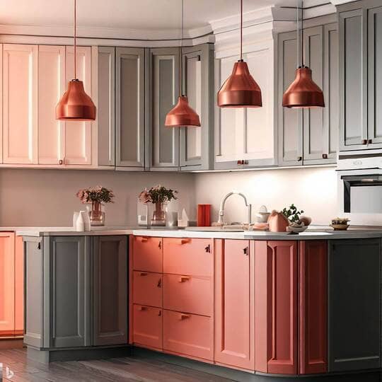 Coral + Gray kitchen cabinets 