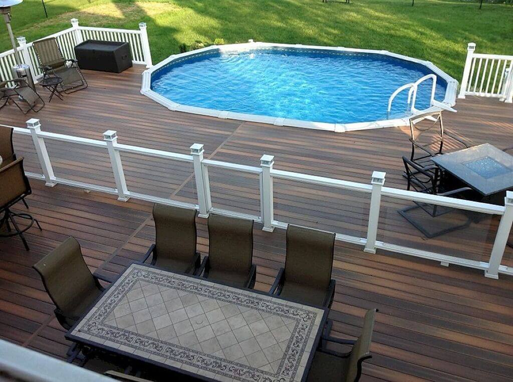 Oval Lounging above ground pool deck
