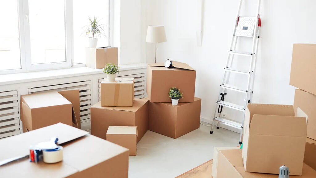 Long-Distance Moving :A room filled with boxes and a ladder
