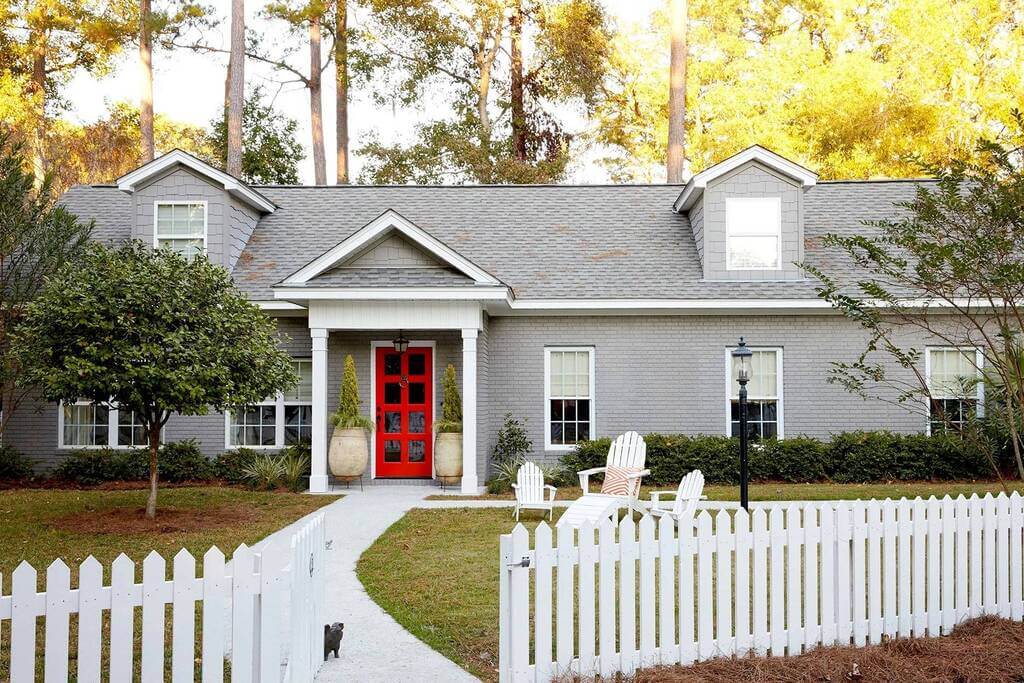 Grey + White + Red exterior house color schemes