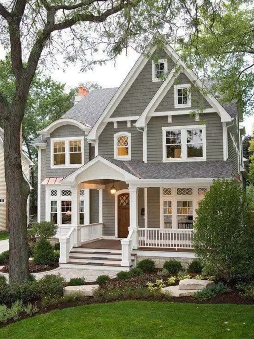 Muted Green + White + Grey exterior house color schemes