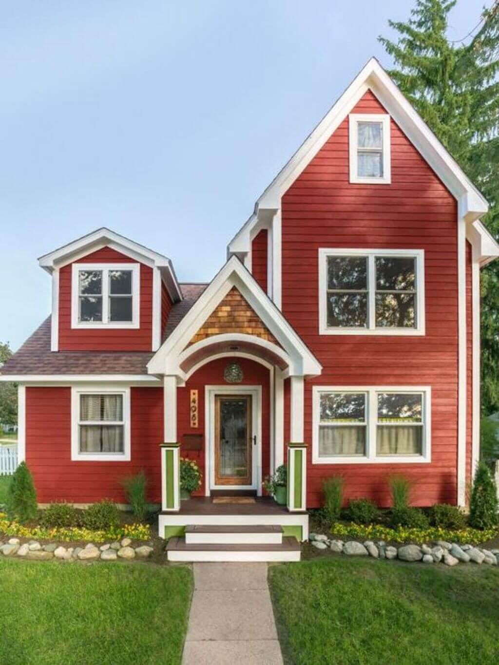 Red + White + Brown house exterior paints