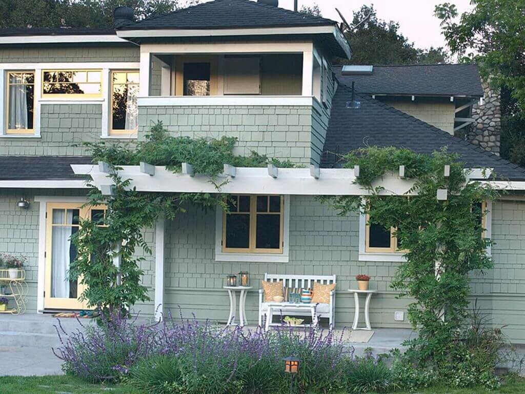 Cool Green + Butter Yellow + Pure White house exterior paints