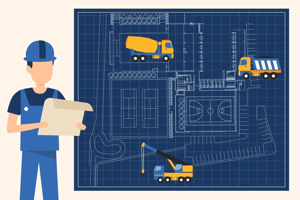 A man holding a piece of paper in front of a blueprint
