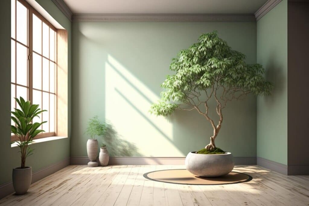 sage green color idea with a large indoor plant