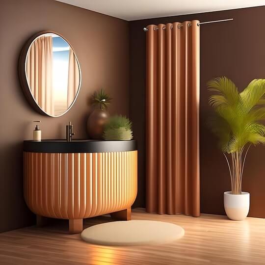 orange curtain in shower