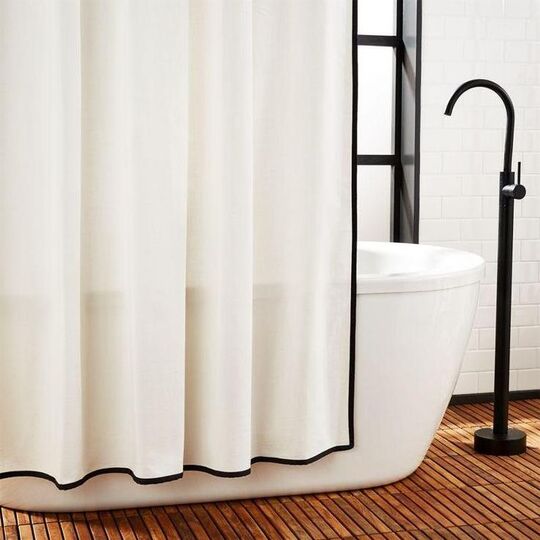 white shower curtain with bold black line