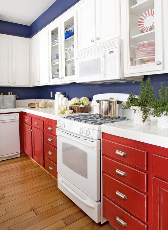 Bright red and white kitchen cabinet