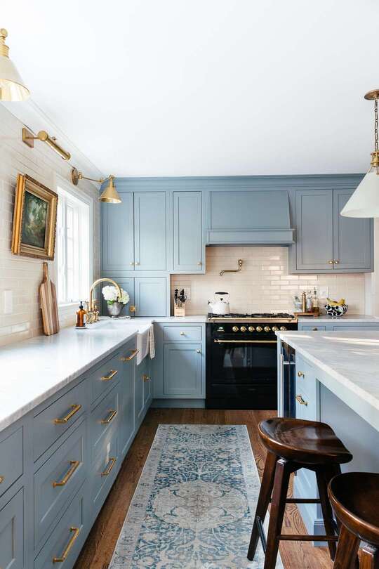 Teal and soft blue kitchen cabinet